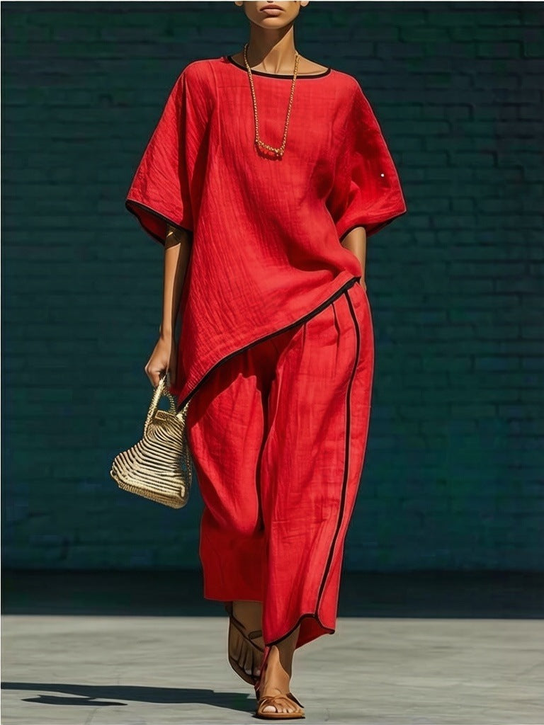 Women's Casual Resort Loose Short-Sleeve Top & Pants Set
