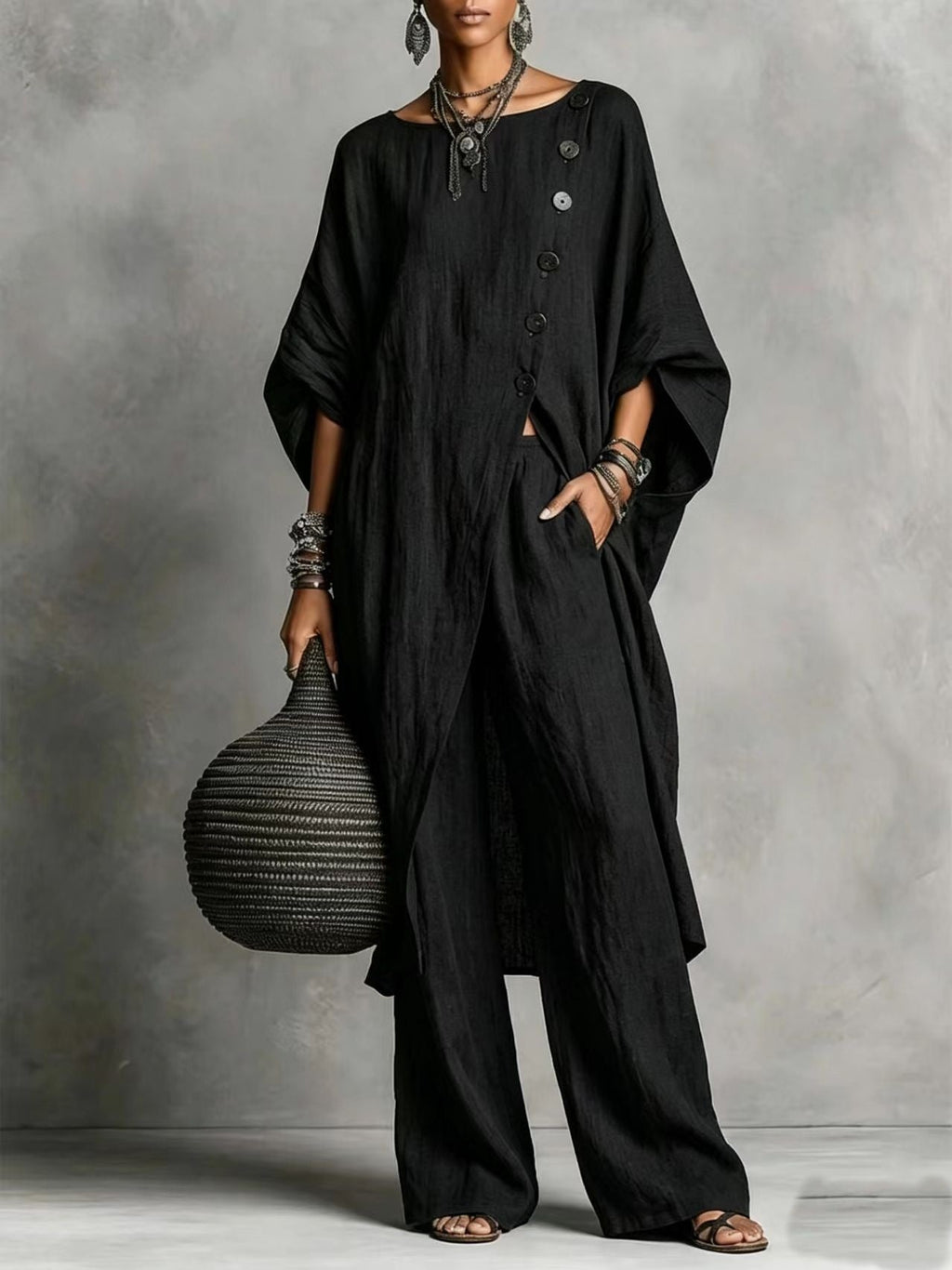 Women's Drop Shoulder Three-Quarter Sleeve Irregular Shirt & Pants Set