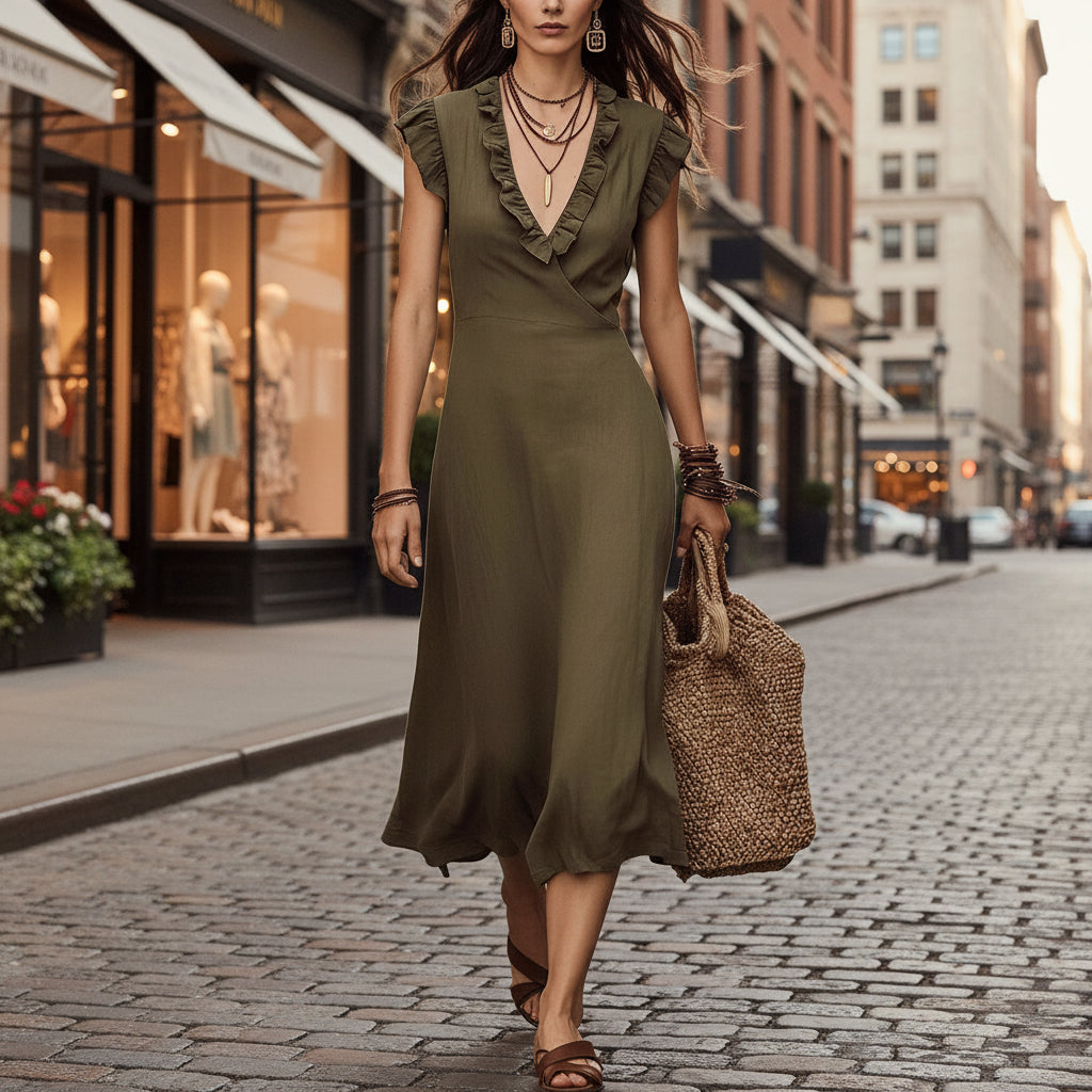 Women's V-Neck Cotton-Linen Flutter-Sleeve Ruffle-Trim Midi Dress