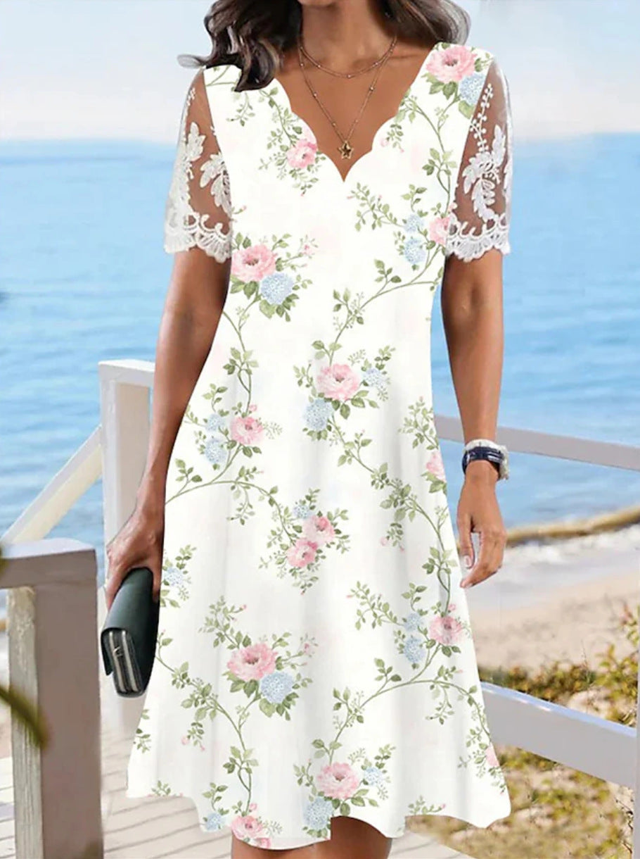 Women's Floral Lace Flounce Neckline High-Waist A-Line Midi Dress