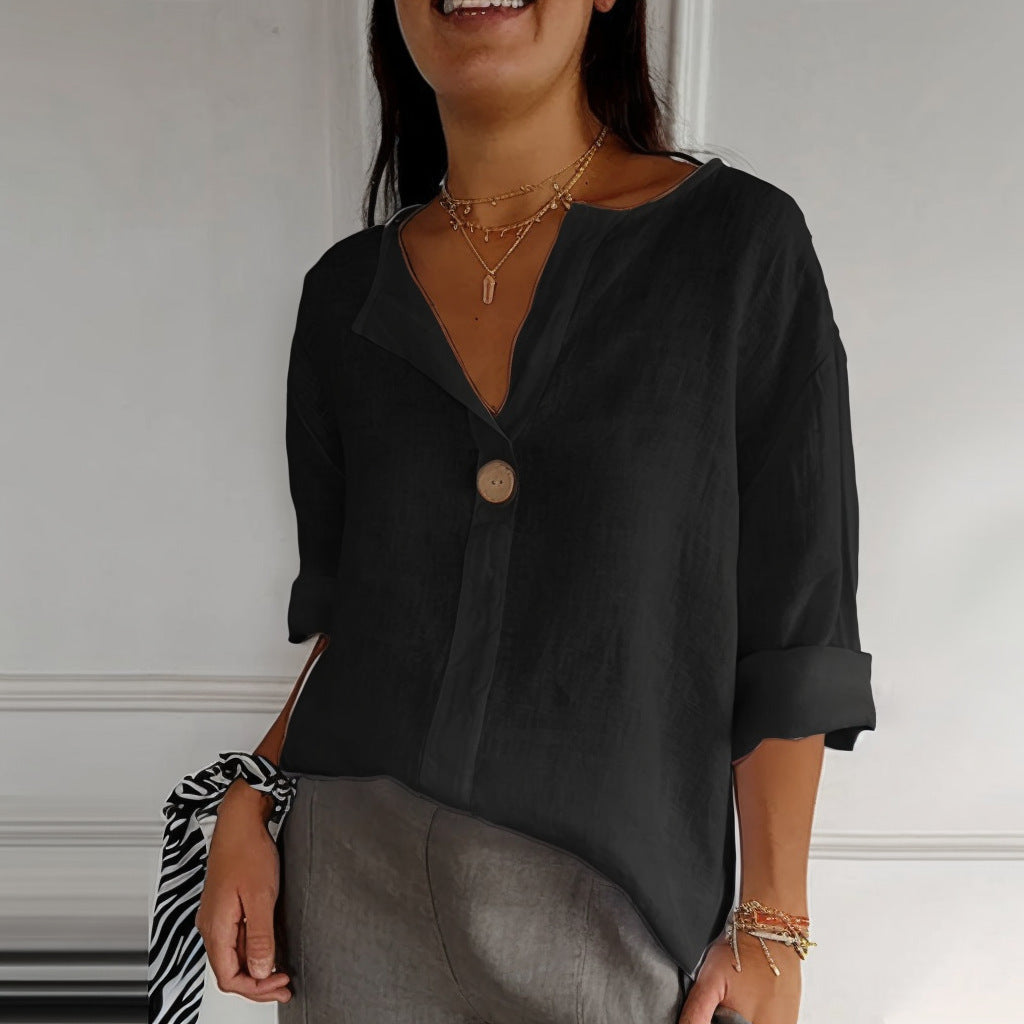 Women's V-Neck Long-Sleeve Button Top – Loose Fit Casual Blouse