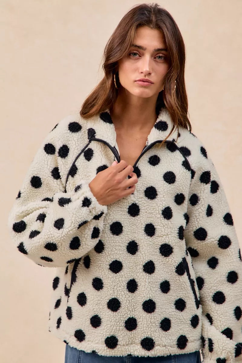 BiBi Polka Dot Sherpa Half Zip Up Top with Side Pocket