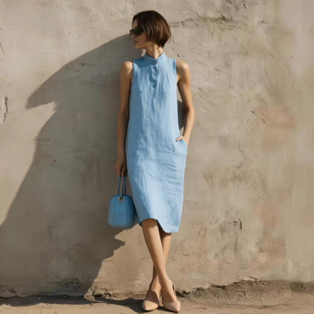 Women's Sleeveless A-Line Midi Dress – Solid Color Cotton Linen Casual