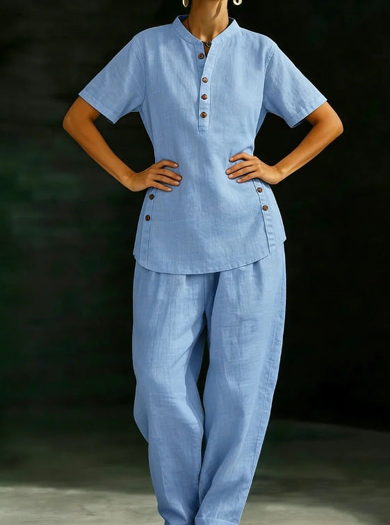 Three-Quarter Sleeve Shirt & Wide-Leg Pants Two-Piece Set – Solid Color Casual
