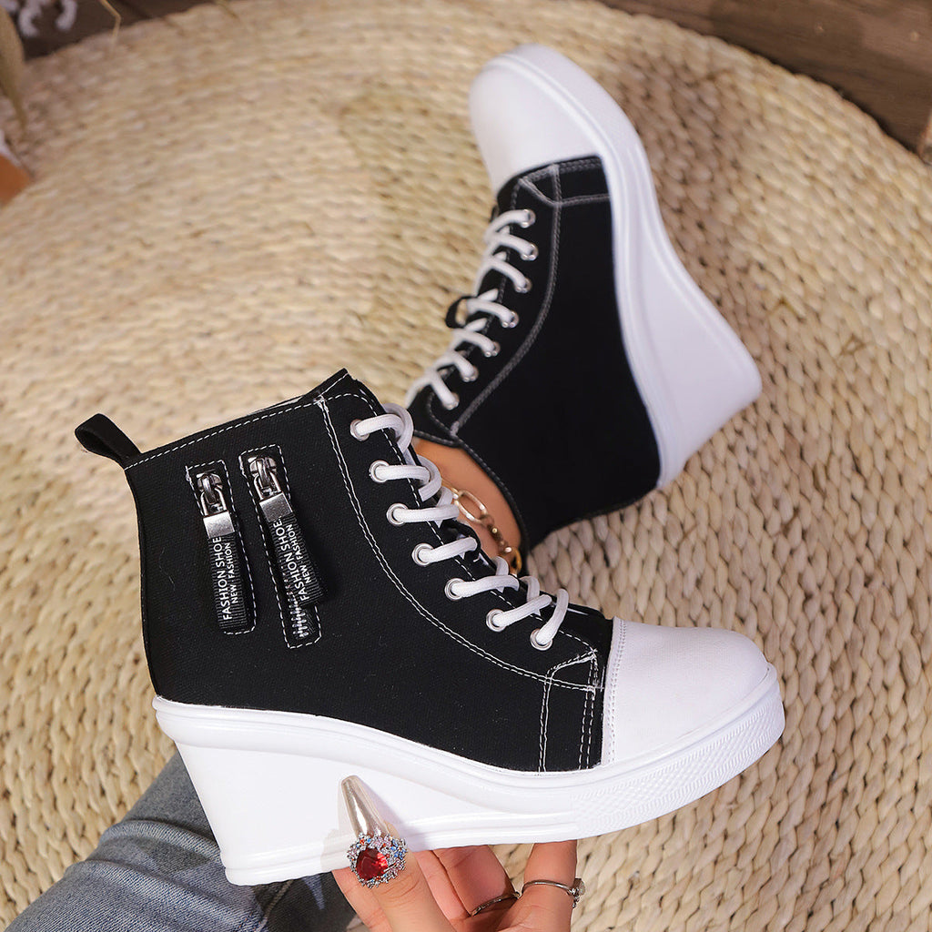 Women's Canvas Wedge Platform Lace-Up Sneakers