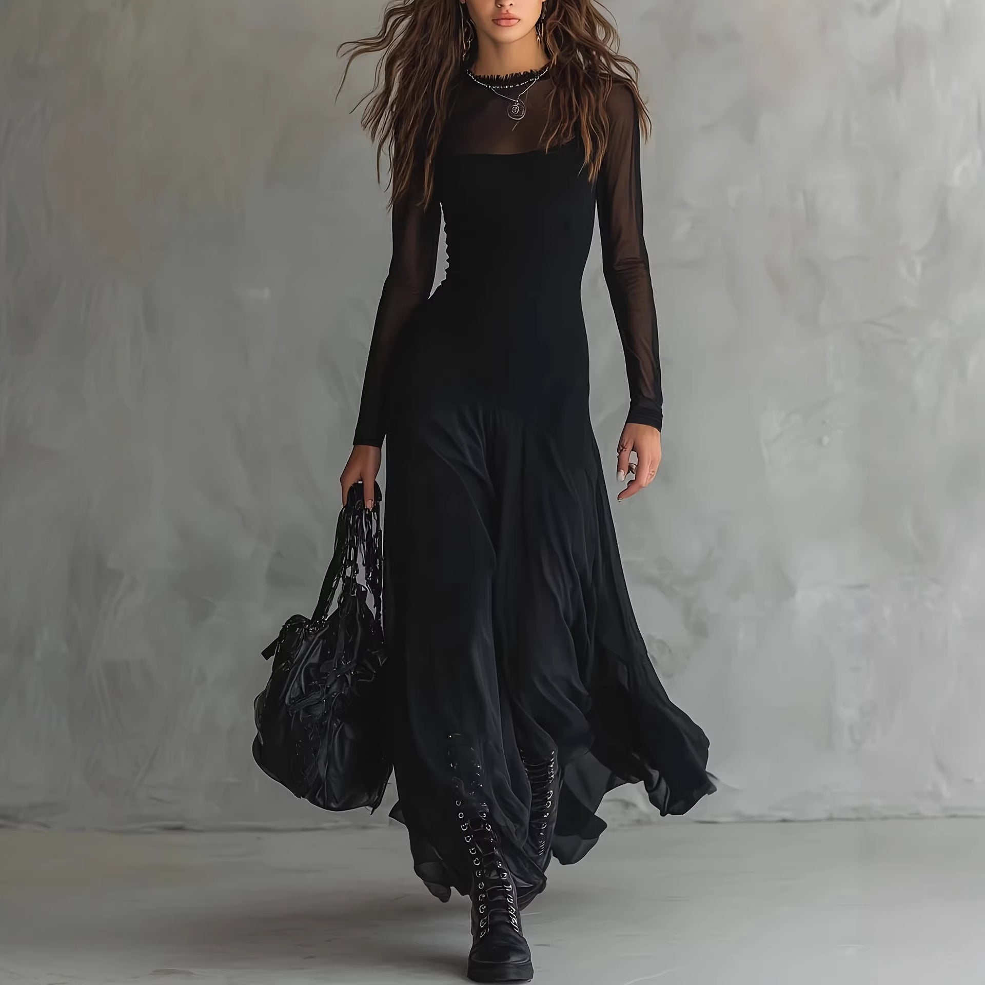 Women's Black See-Through Mesh Long Sleeve Maxi Dress – Elegant Sheer Overlay Gown