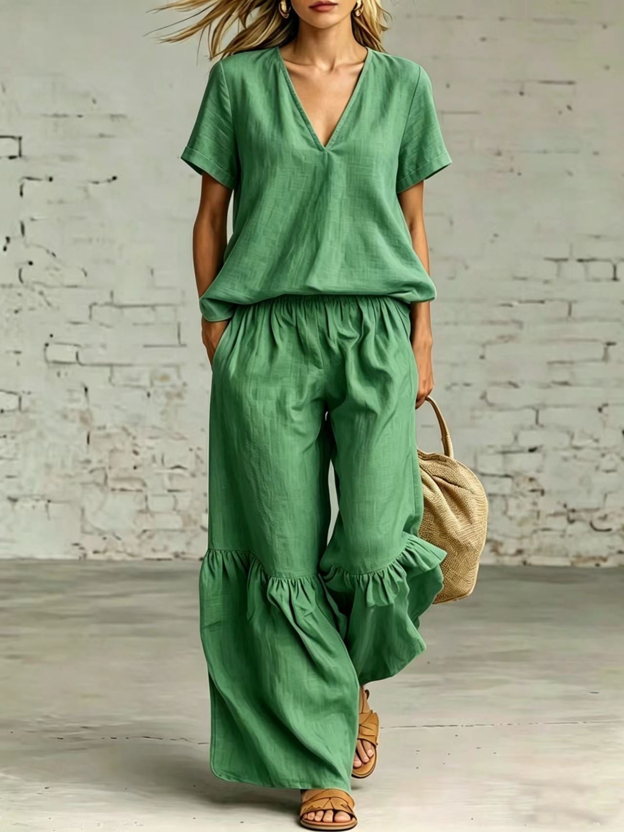 V-Neck Loose Short-Sleeve Top & Pants Set – 7 Colors, S–5XL