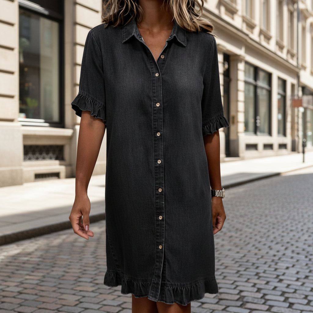 Women's Faux Denim Ruffle-Sleeve Shirt Dress