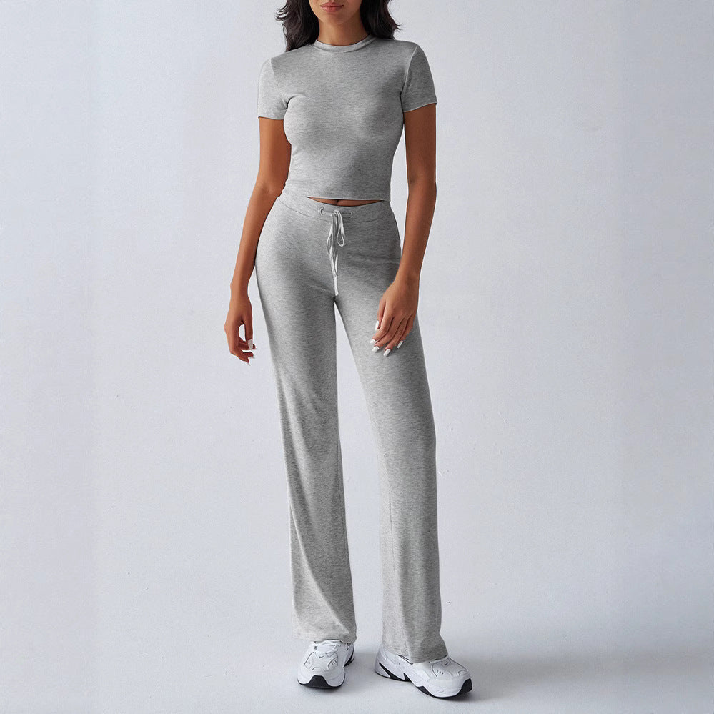 Crew Neck Short Sleeve Top & Full-Length Pants Set – Solid Color, 10 Colors