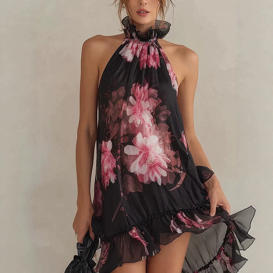 Women's Floral Print Chiffon Off-Shoulder Mini Dress | High Waist A-Line Strapless Summer Dress