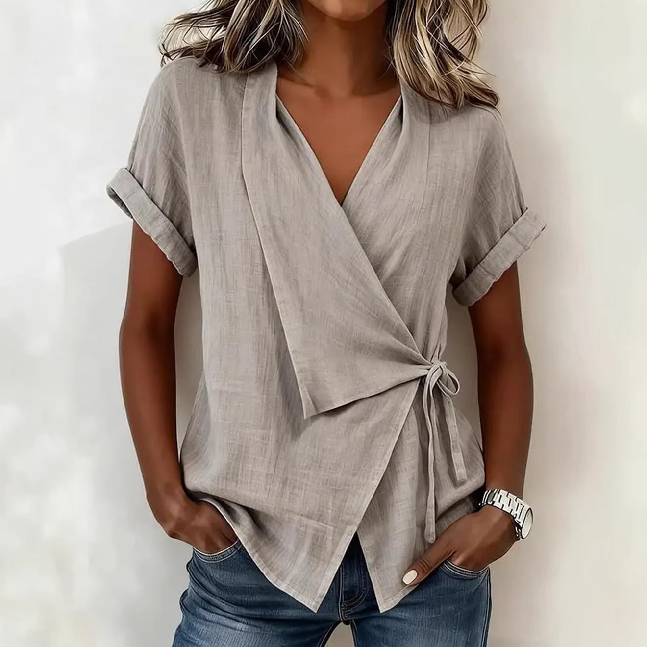 Women's Casual Lapel Collar Lace-Up Short-Sleeve Linen Top