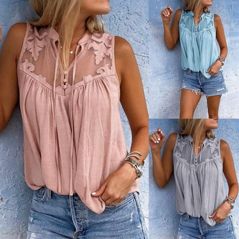 Chiffon Patchwork Lace V-Neck Sleeveless Top | Silk Chiffon