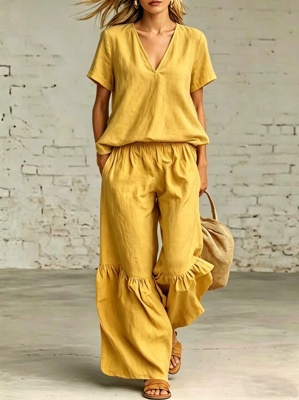 V-Neck Loose Short-Sleeve Top & Pants Set – 7 Colors, S–5XL
