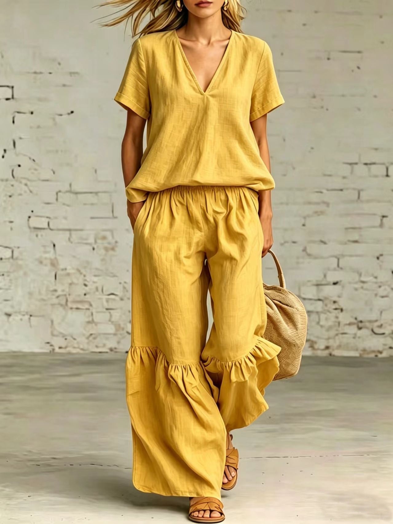 V-Neck Loose Short-Sleeve Top & Pants Set – 7 Colors, S–5XL