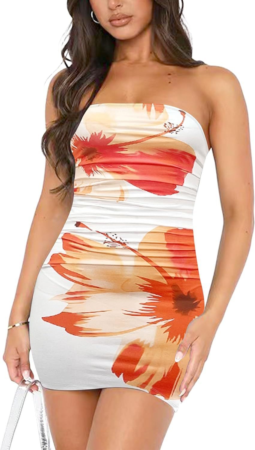 Women's Tube Top Printed Pleated Pullover Hip Wrap Short Dress