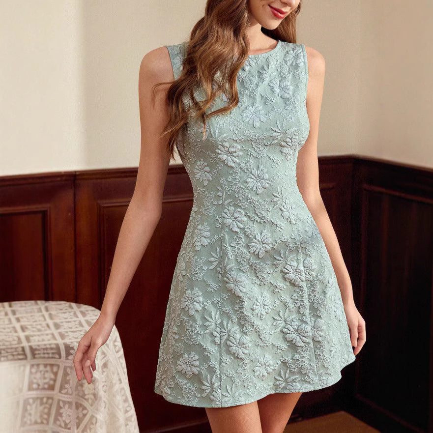 Women's Jacquard Sleeveless Midi Dress – Slim Fit French Minimalist Style