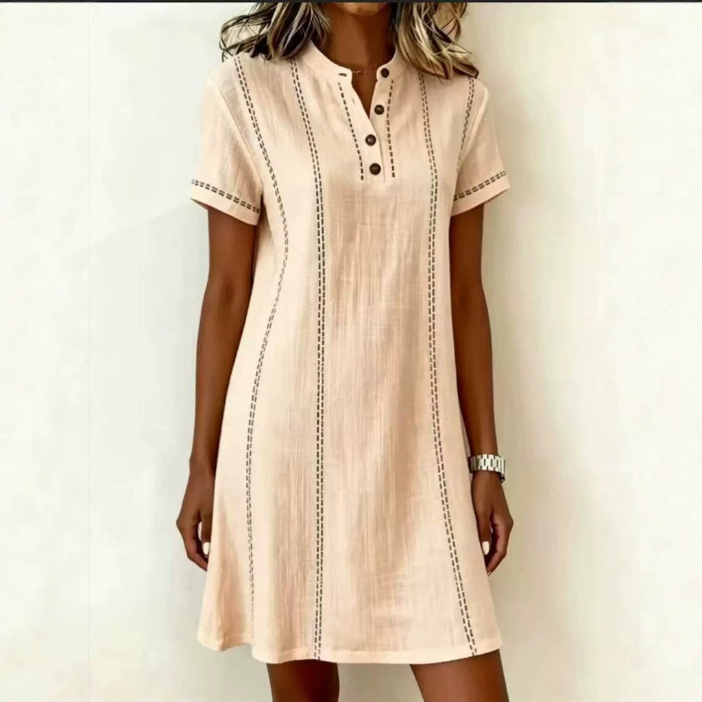 Women's Printed Button-Up Stand Collar Midi Dress – 3/4 Sleeve Loose Fit