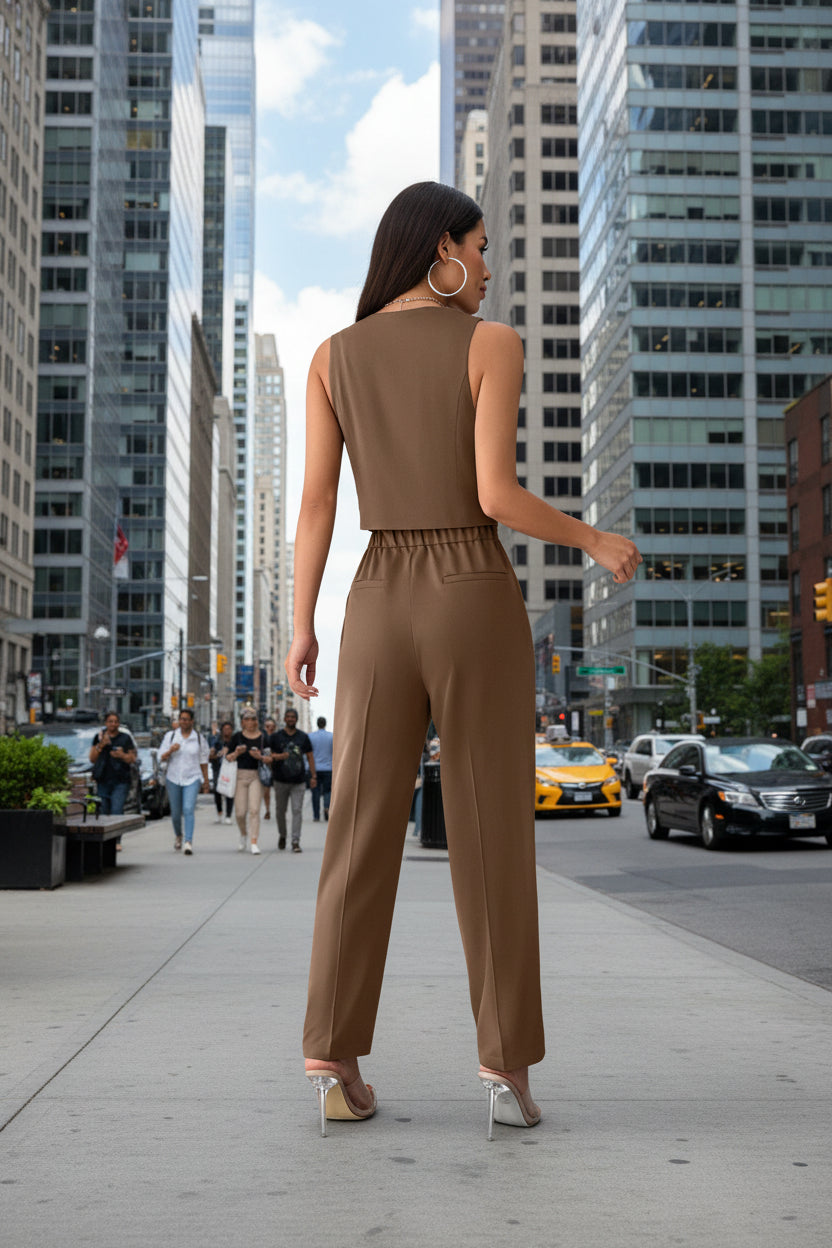 Women’s Coffee Sleeveless Pleated Jumpsuit