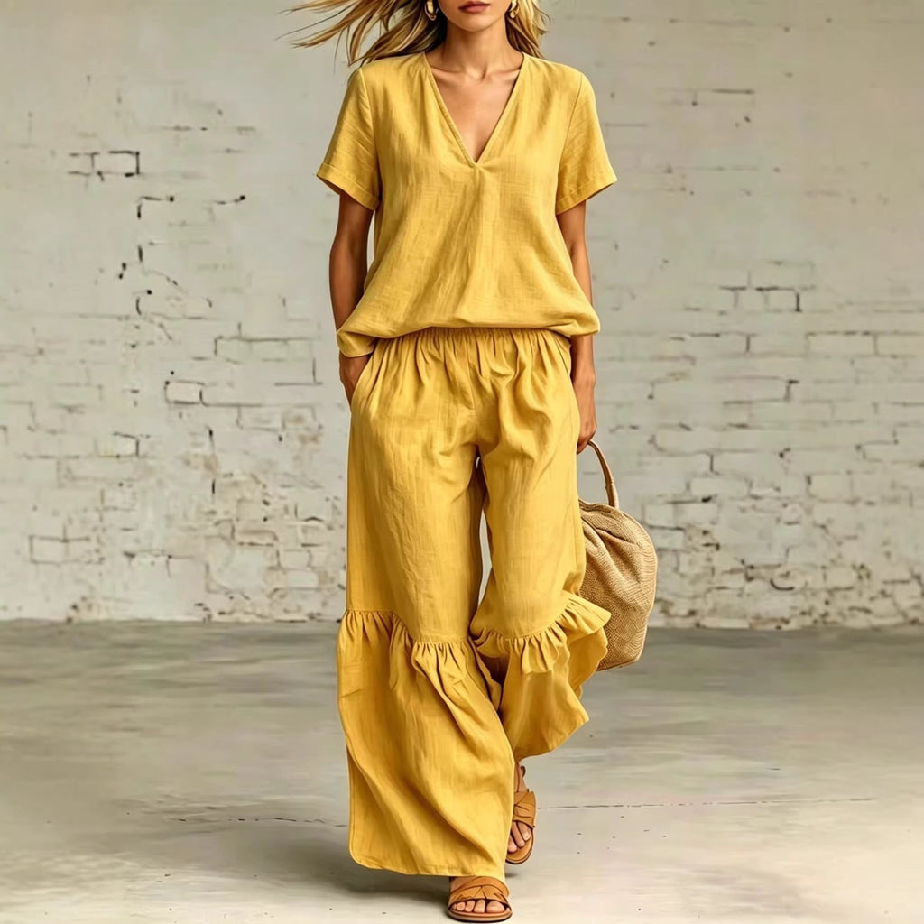 V-Neck Loose Short-Sleeve Top & Pants Set – 7 Colors, S–5XL