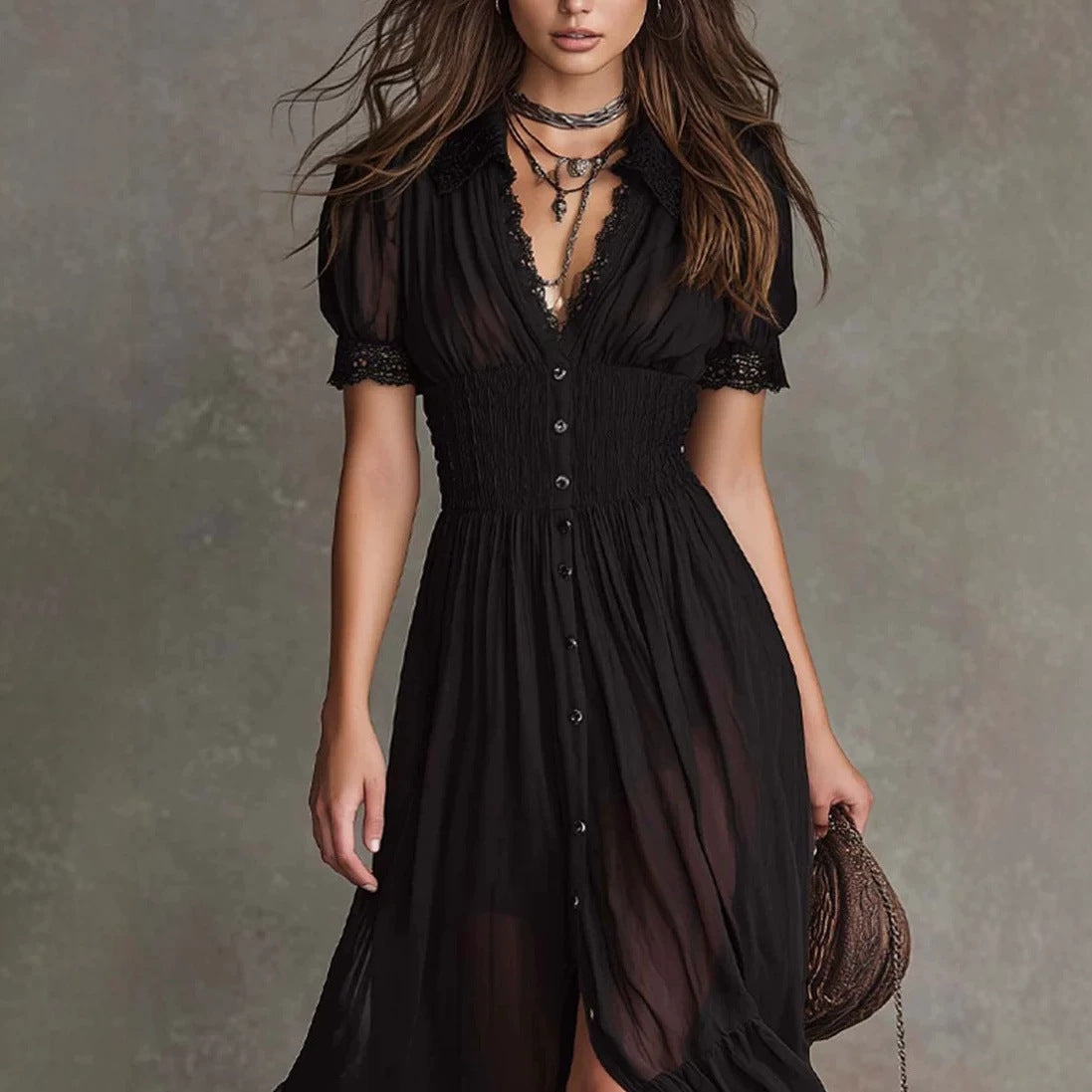 Women's Short Sleeve Bodycon Maxi Dress | Ruffled Hem Side Slit Dark Chic Dress in Black