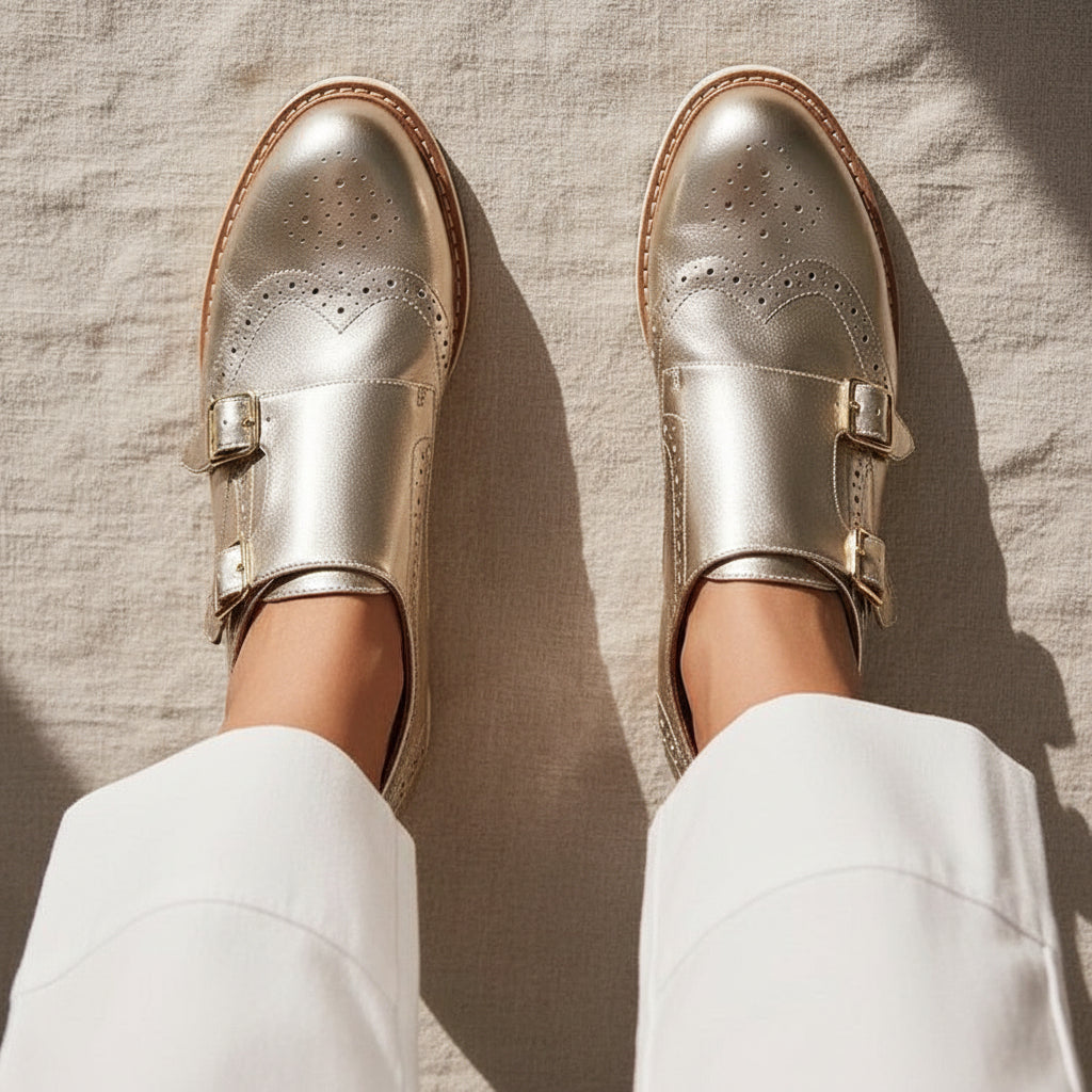 Women's Gold Metallic Brogue Monk Strap Loafers – Double Buckle