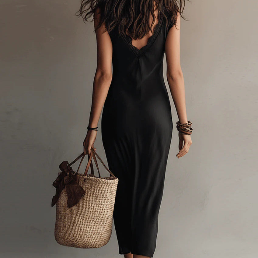 Women's Halter Deep V-Neck Embroidered A-Line Maxi Dress – Black Vacation Dress