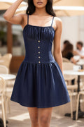 Women's One-Shoulder Sleeveless Fitted Mini Dress with Button Detail – Deep Blue