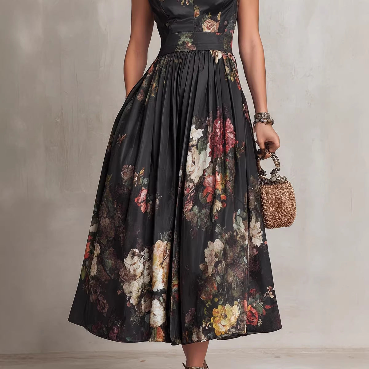 Black Digital Floral Print High-Waist Maxi Dress – Sleeveless Irregular Hem Long Dress