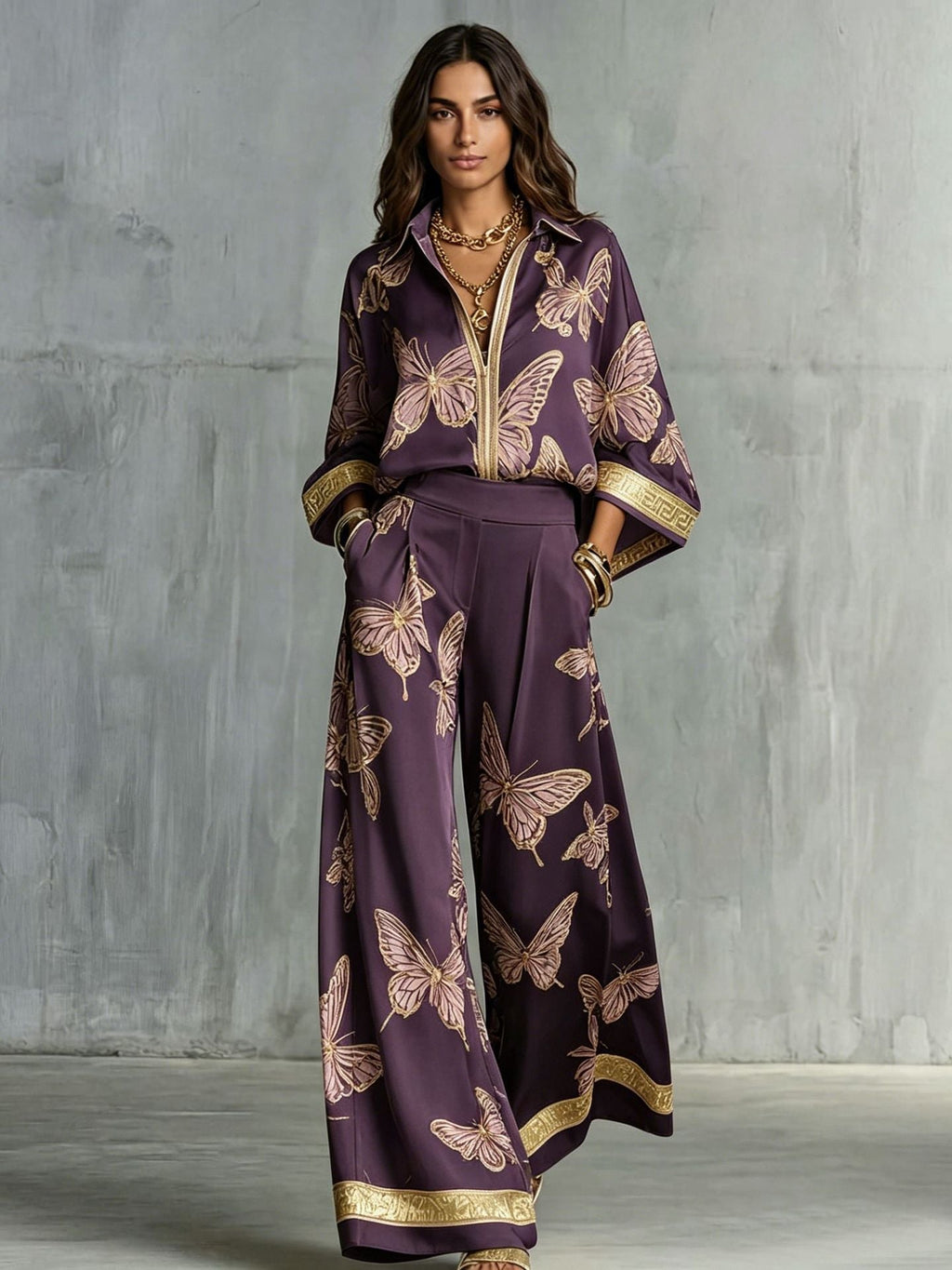 Women's Deep V-Neck Zipper Top & Wide Leg Pants Two-Piece Set