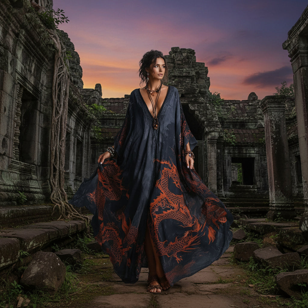 Women's Dragon Print Deep V-Neck Maxi Dress Beach Cover-Up