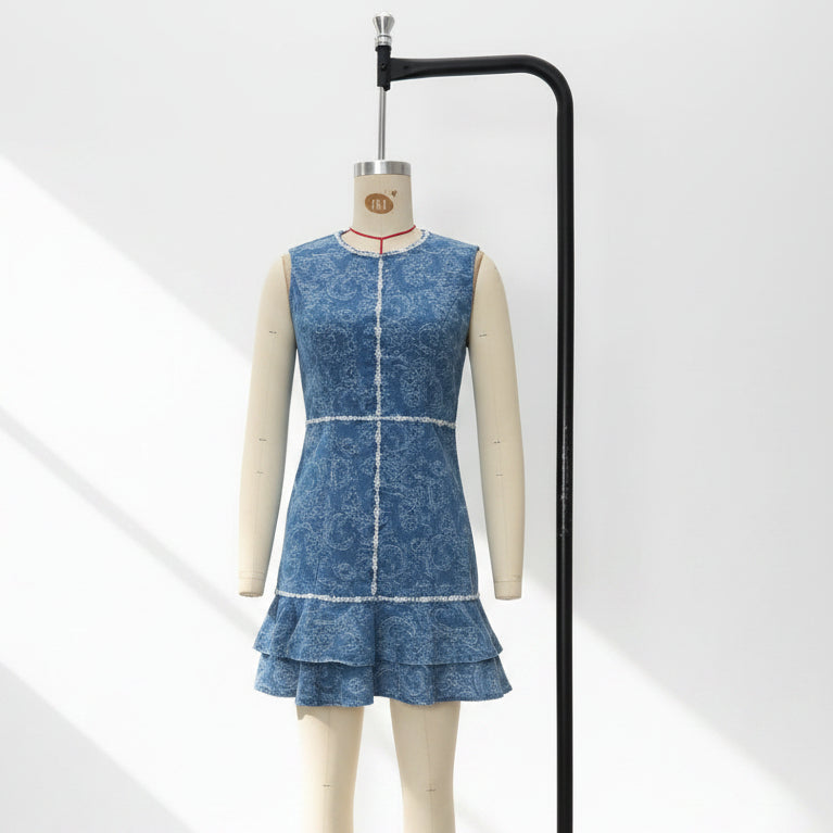 Women's Sleeveless Floral Print A-Line Mini Dress – Denim Blue Cotton Dress