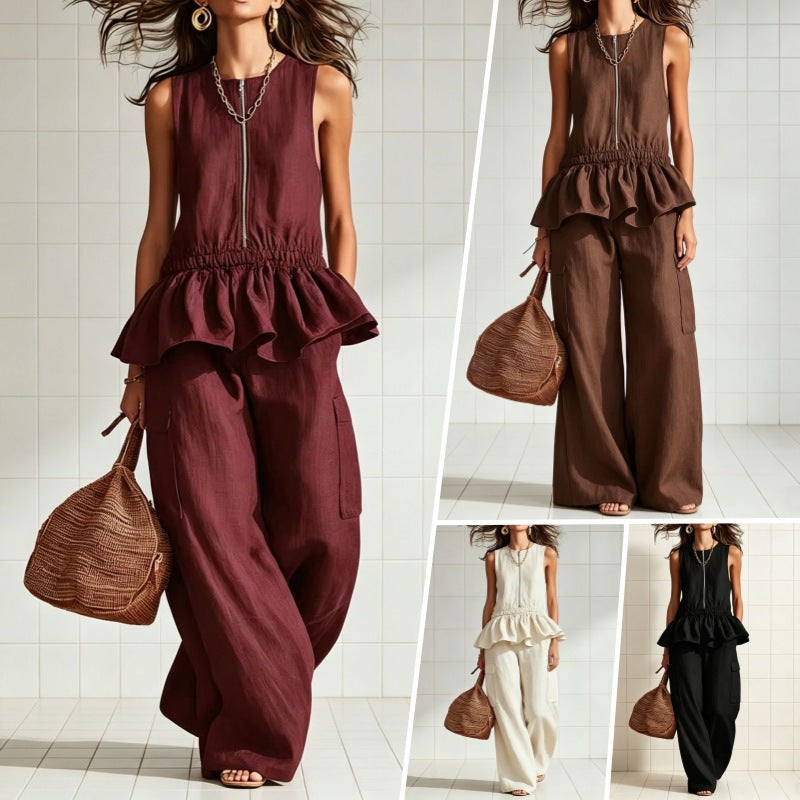 Women's Sleeveless Pleated Vest & Wide Leg Pants Set – Streetwear