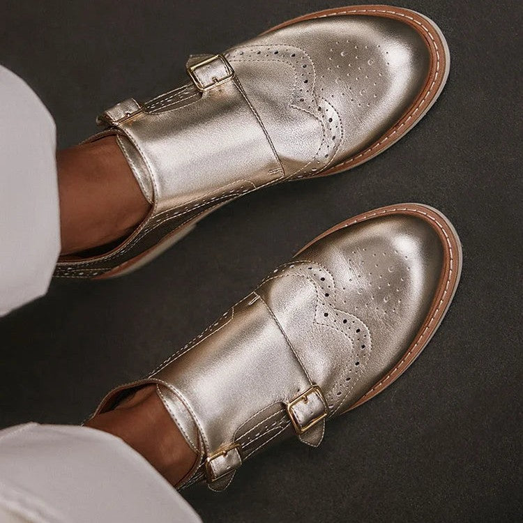Women's Gold Metallic Brogue Monk Strap Loafers – Double Buckle