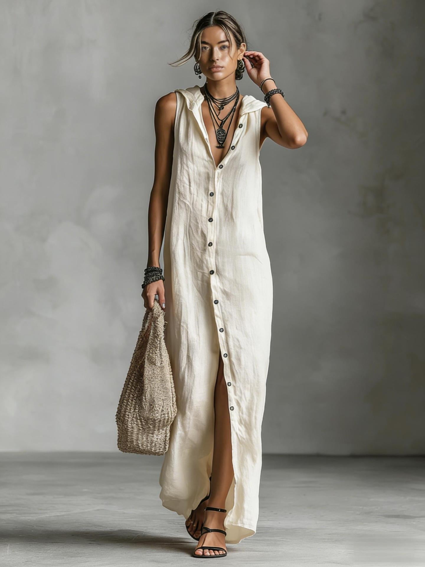 Women's Sleeveless Deep V-Neck Hooded Loose Maxi Dress – 6 Colors XS–3XL