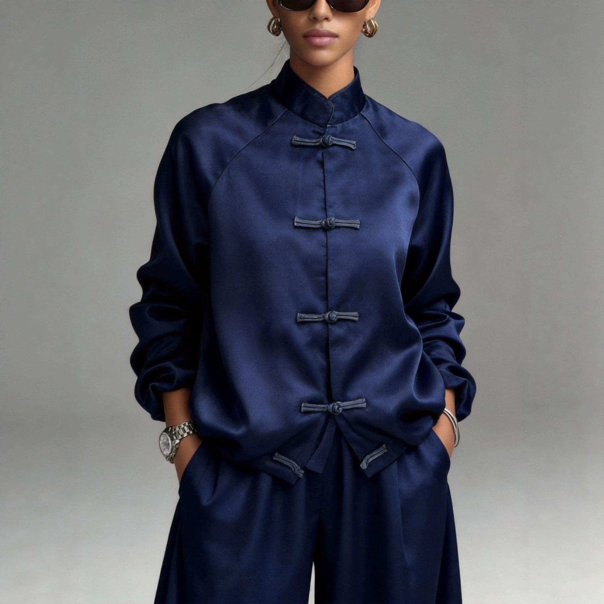 Women's Satin Two-Piece Set — Frog Button Jacket & Wide Leg Pants