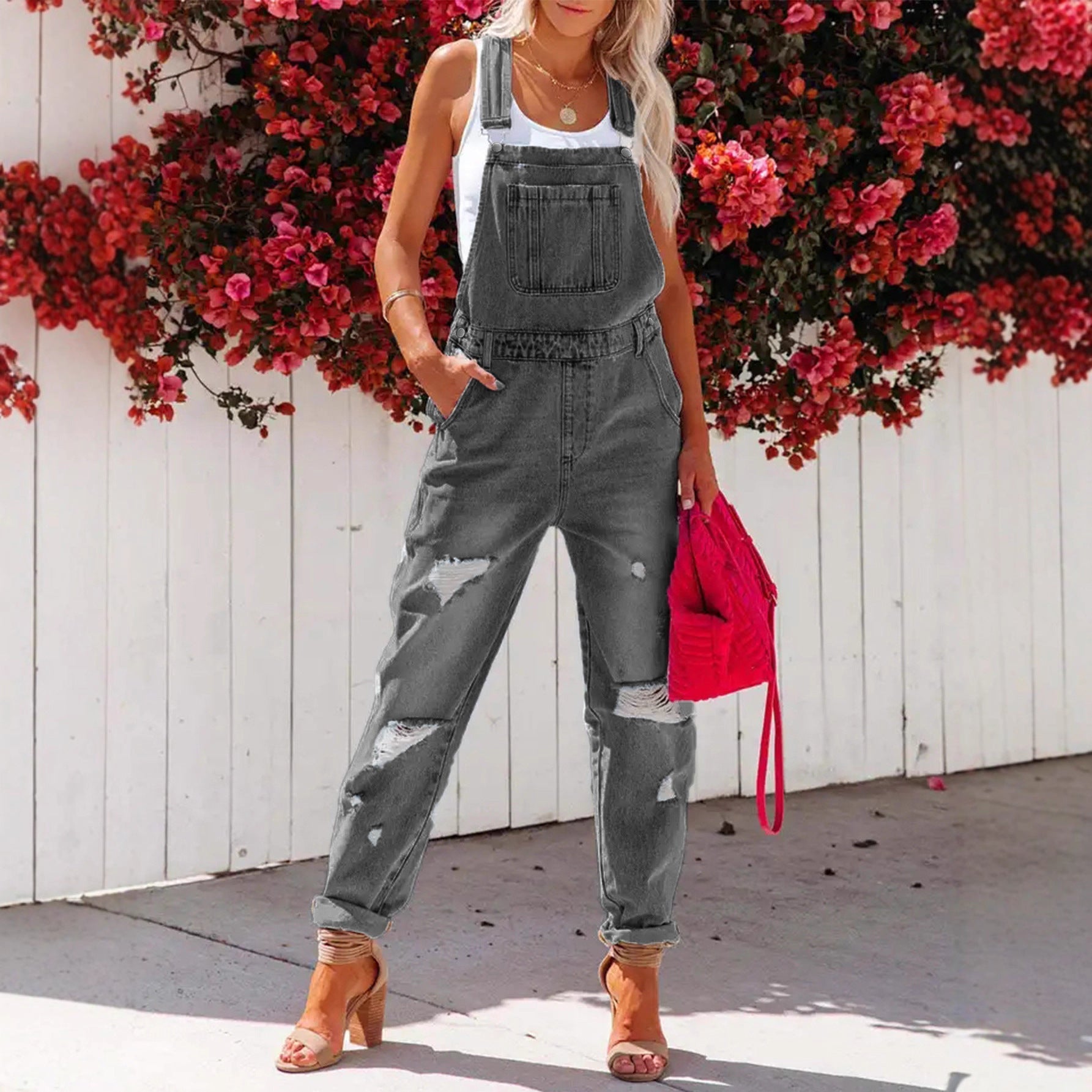 Women's Cropped Ripped Denim Overalls – Streetwear Strap Bib Jeans