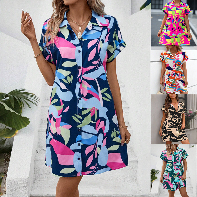 Women's Colorful Tropical Print Shirt Dress – Button Front Short Sleeve Collared A-Line Midi