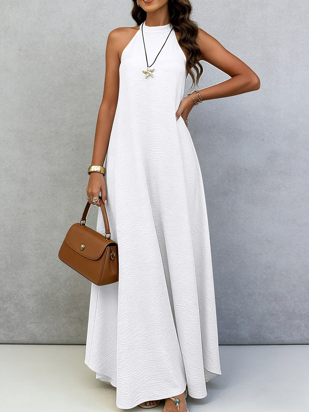 Women's Ice Silk Crinkle Sleeveless Swing Maxi Dress