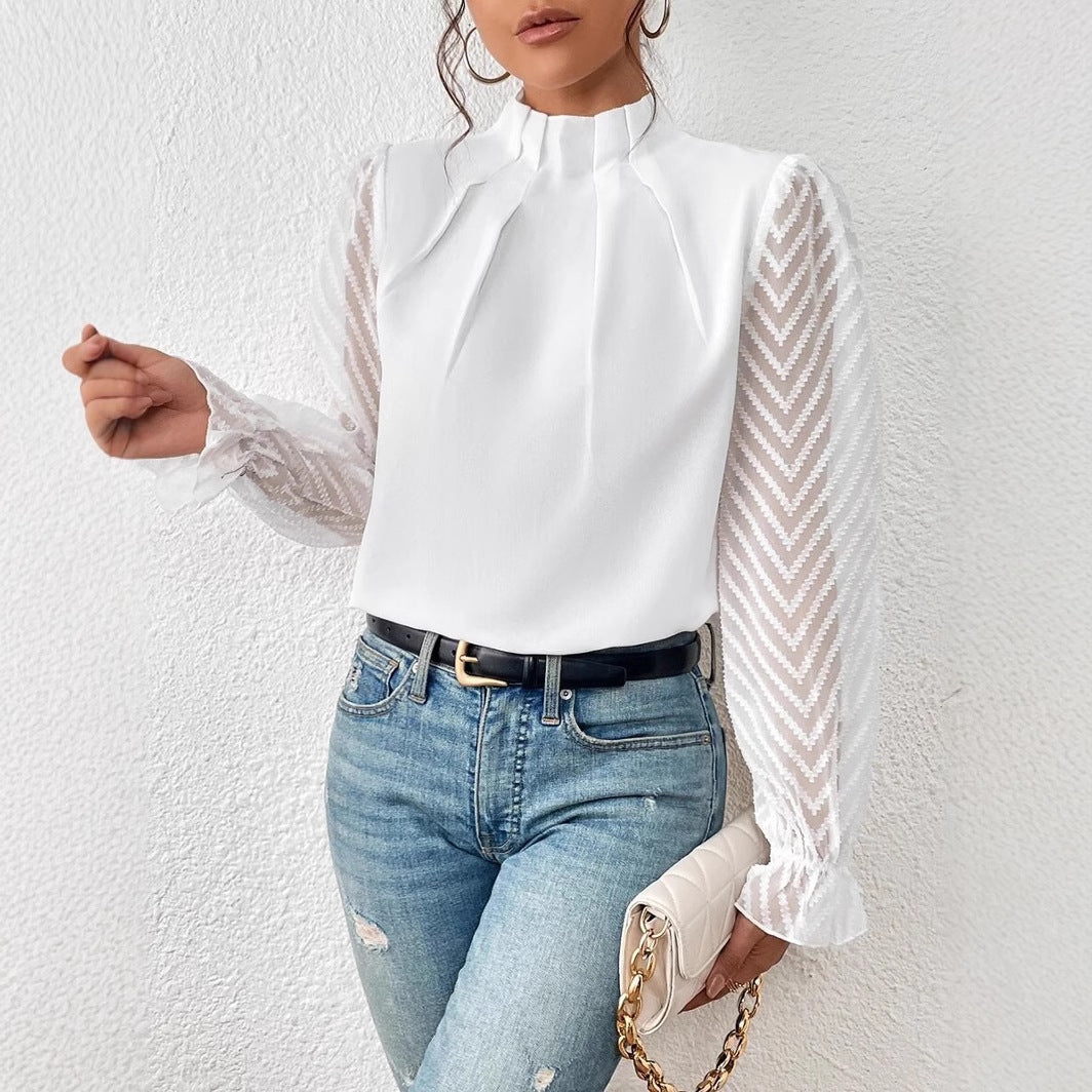 Women's Mock Neck Chiffon Blouse – Wave Pattern Sheer Long Sleeve with Ruffle Cuffs