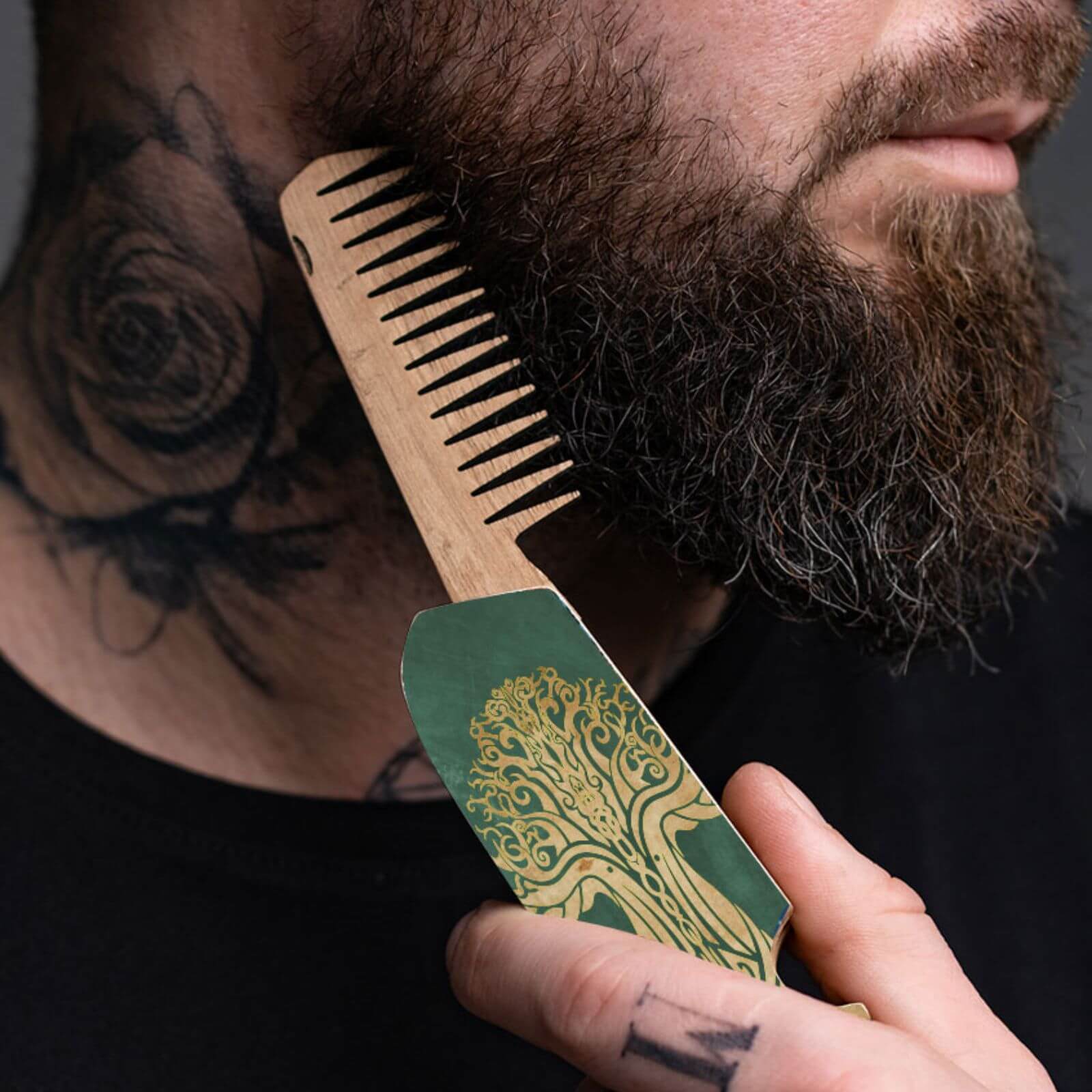 Wooden Beard Comb - Black Runes