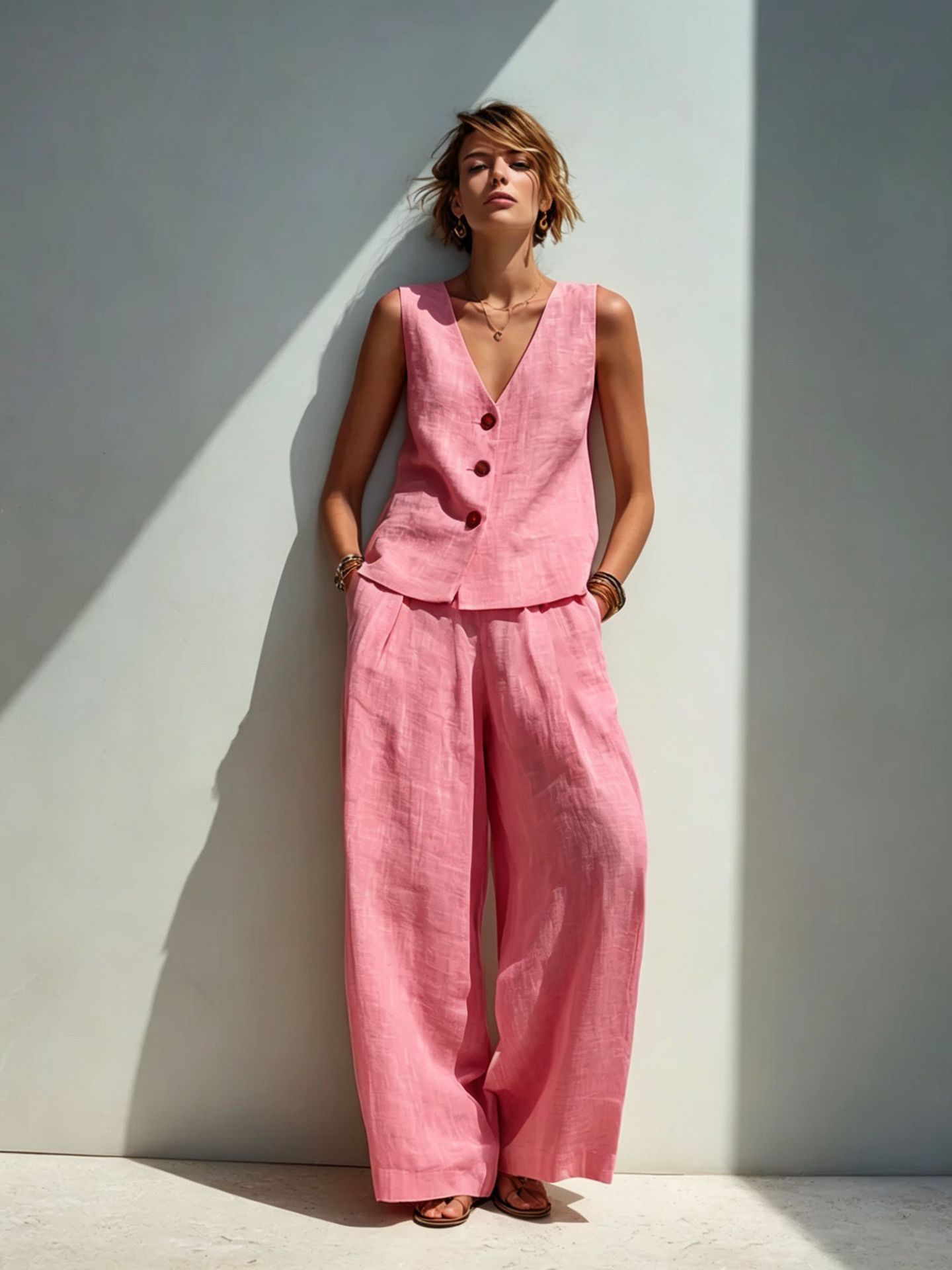Linen Blend V-Neck Buttoned Vest & High-Waist Wide-Leg Pants Set – 5 Colors S–3XL