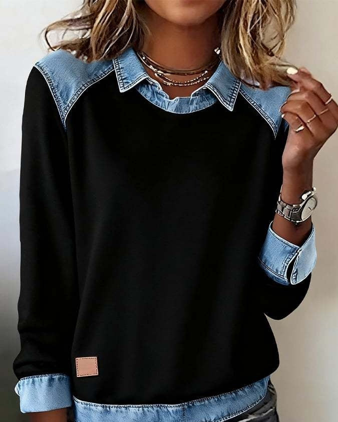 Denim Collar Patchwork Pullover Knitwear Top – Women’s Street Style
