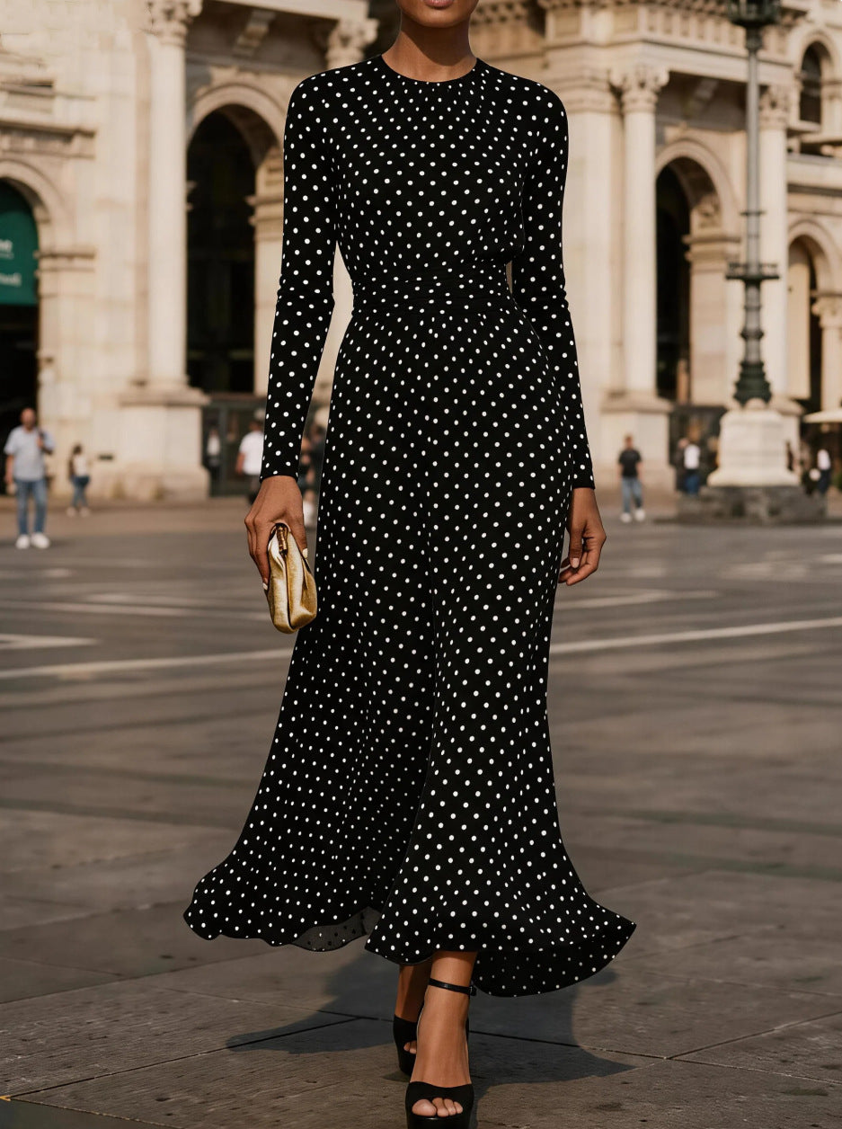 Round Neck Long Sleeve Polka Dot Sheath Dress