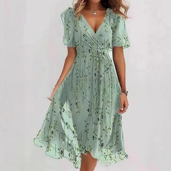 Floral Print A-Line Dress – V-Neck Short Sleeve Midi Dress