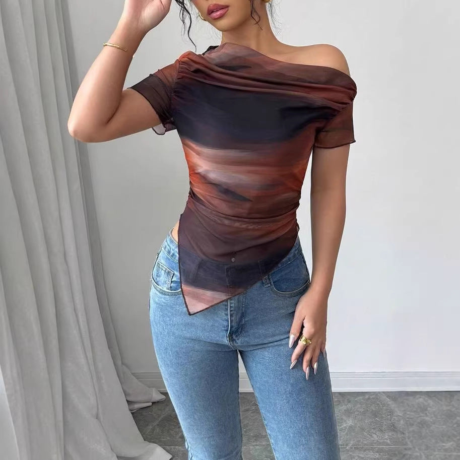Women’s Tie-Dye One-Shoulder Mesh Ruched Top – Asymmetrical Stretch Tee for Going Out