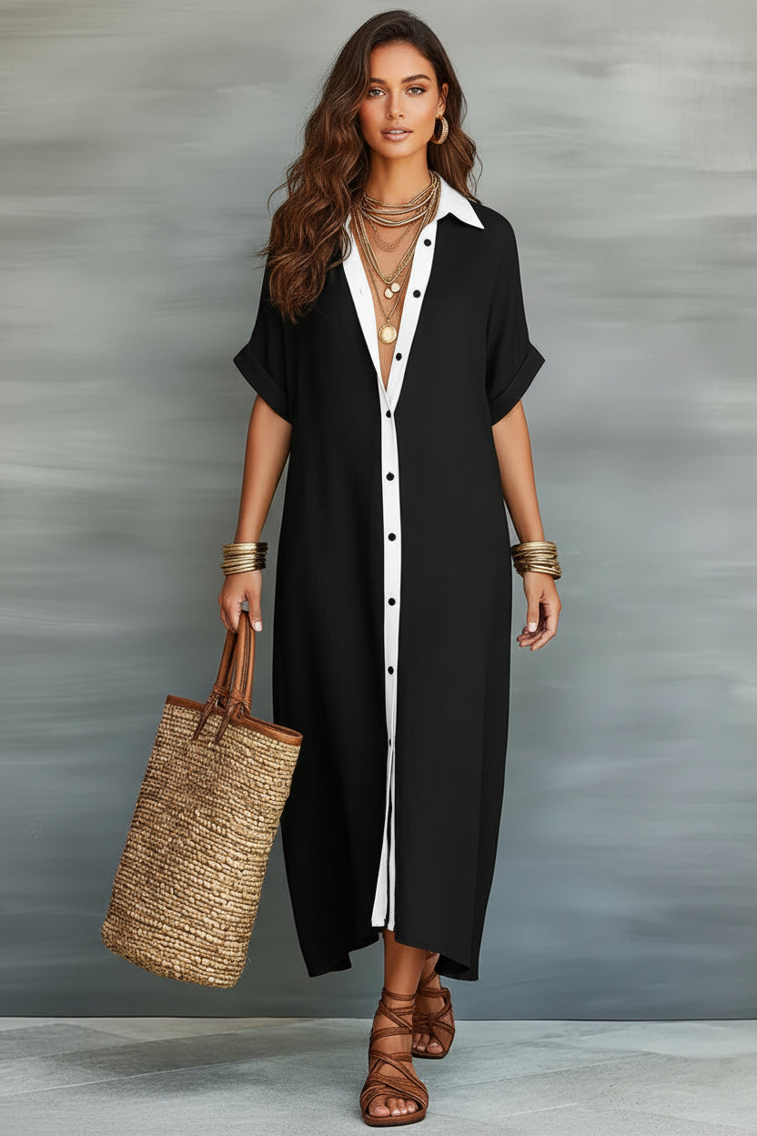Color-Block Shirt Maxi Dress – Women's Loose Button-Front Long Dress with Contrast Collar
