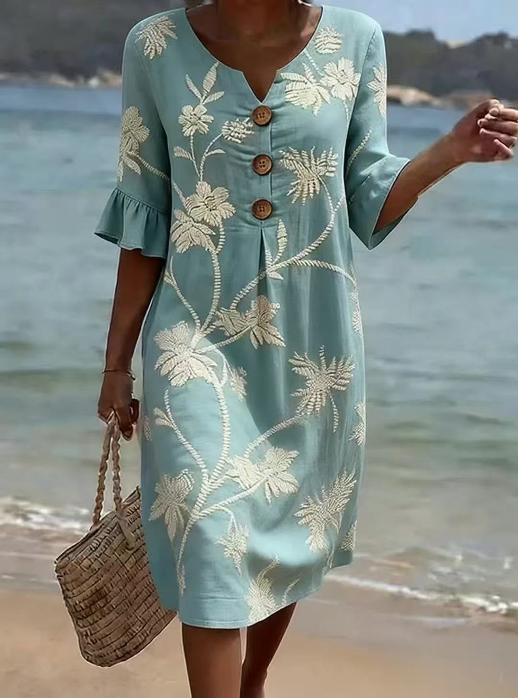 Women's Resort V-Neck Coconut Print Loose Three-Quarter Sleeve Dress
