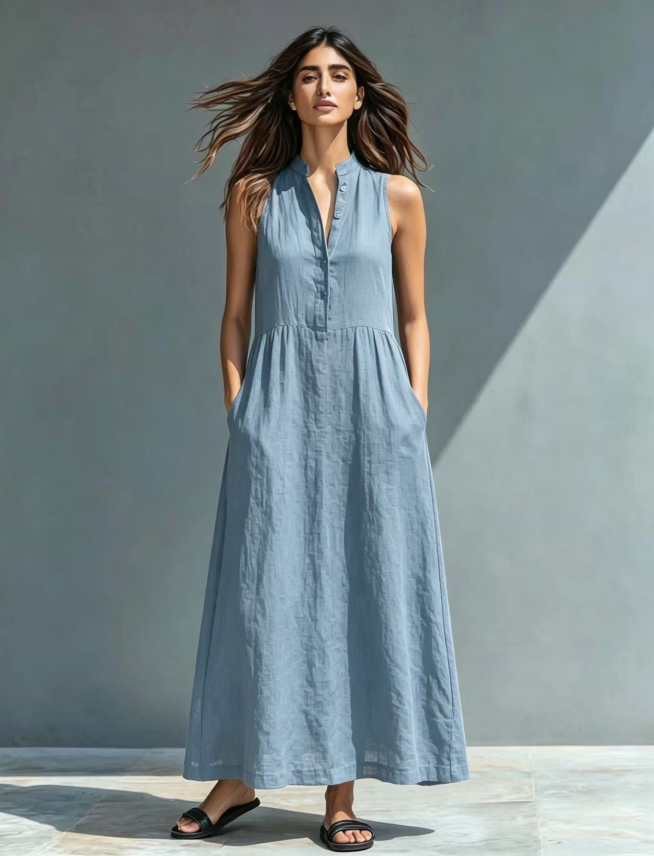 Women's Stand-Collar A-Line Maxi Dress – Resort & Vacation Style
