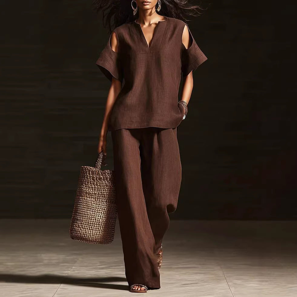 V-Neck Short Sleeve Top & Straight-Leg Pants Set – Ripped Detail, Pockets, Solid Color