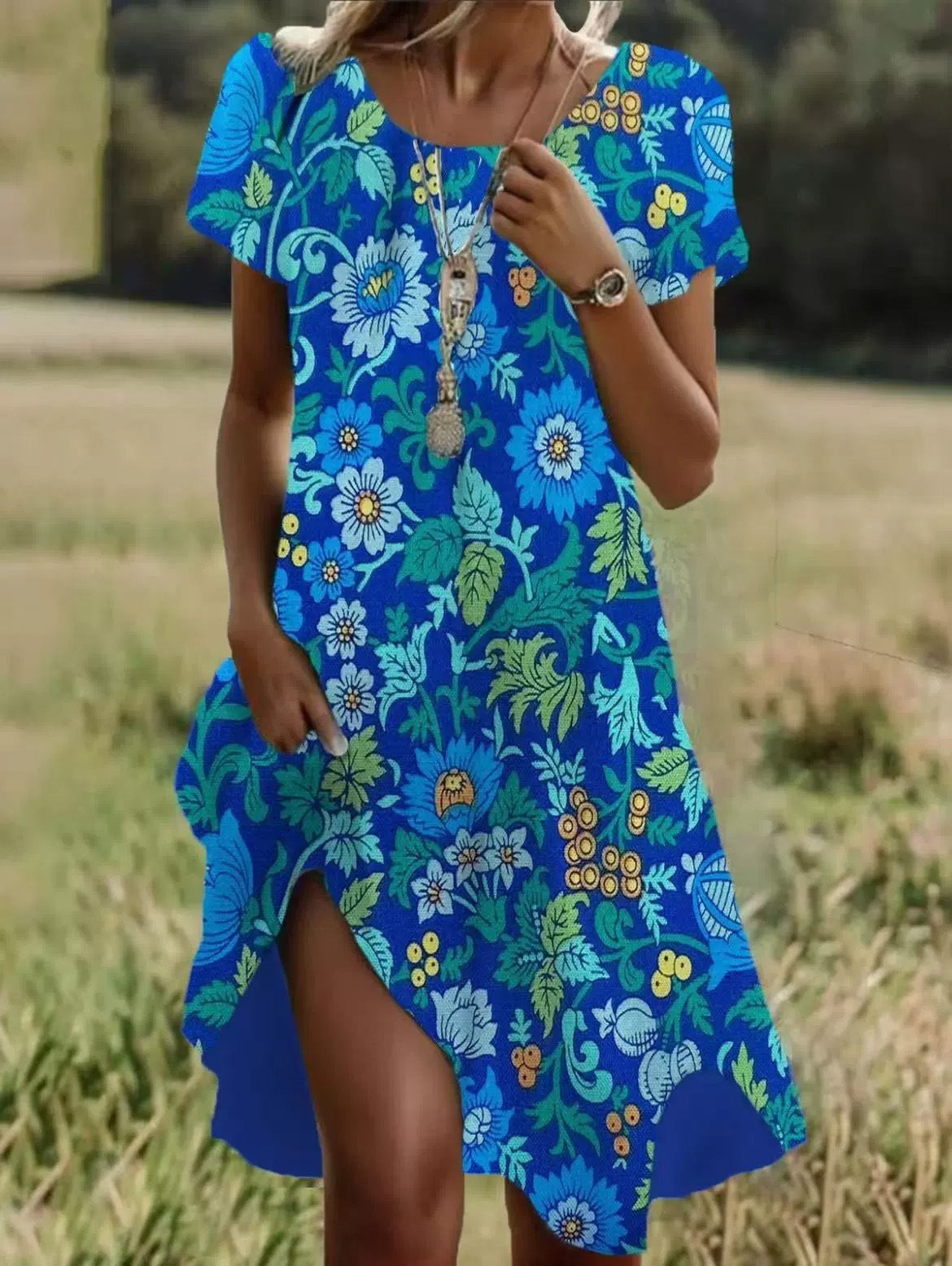 Ethnic Print Midi Dress – Scoop Neck Geometric Pattern Boho Dress